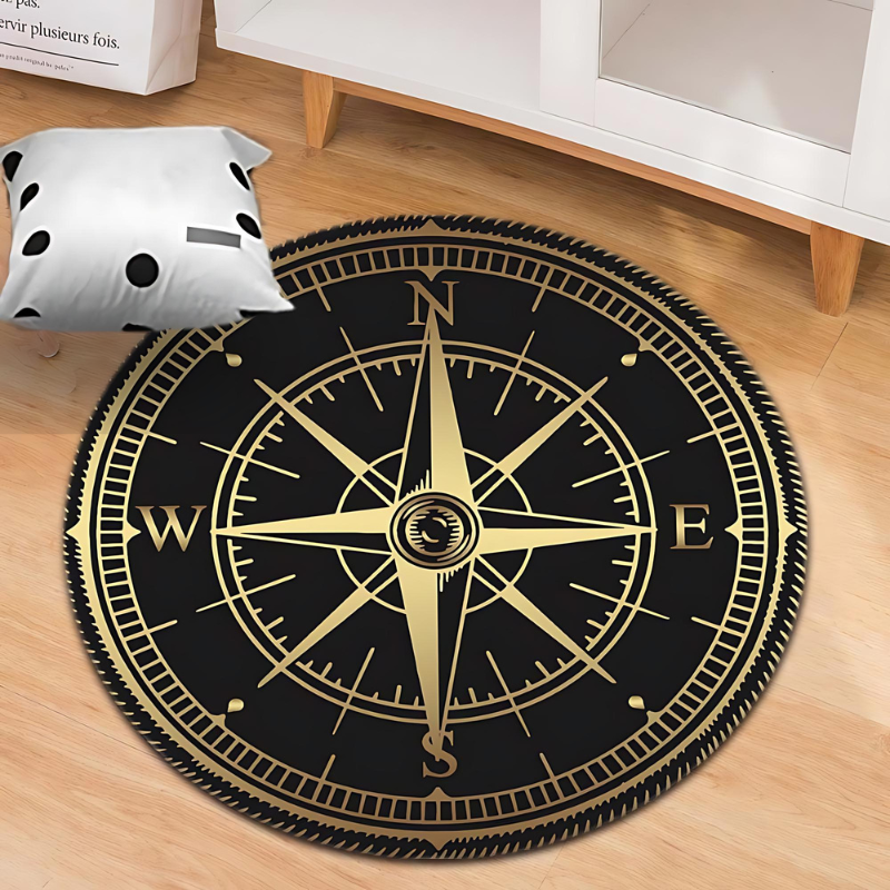 Non-slip Round Area Rug – Elegant Compass Design for Home Office Decor