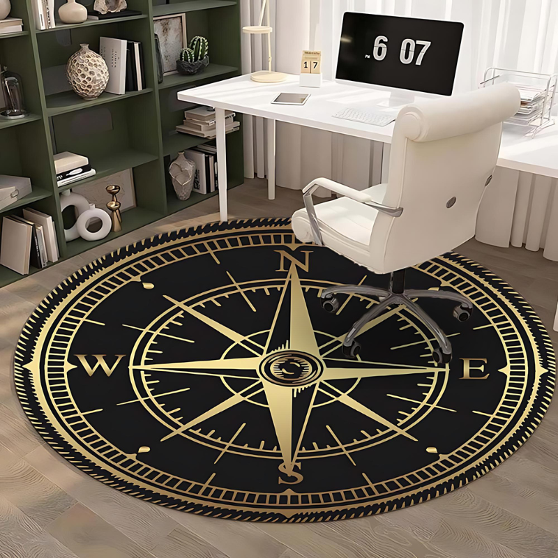 Non-slip Round Area Rug – Elegant Compass Design for Home Office Decor