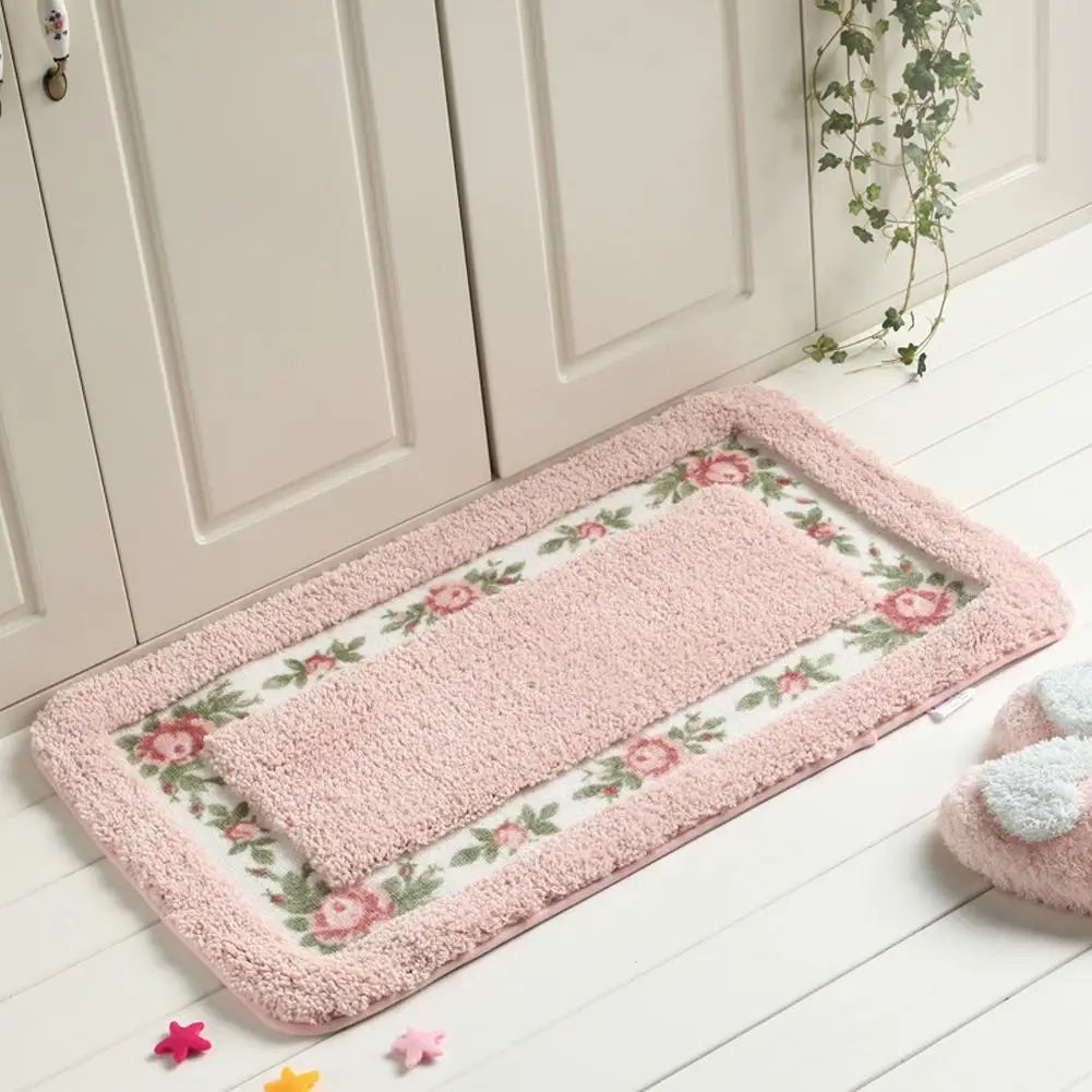 Bathroom Mat Non-Slip – Fluffy Water-Absorbing Rug with Pink Pattern Design