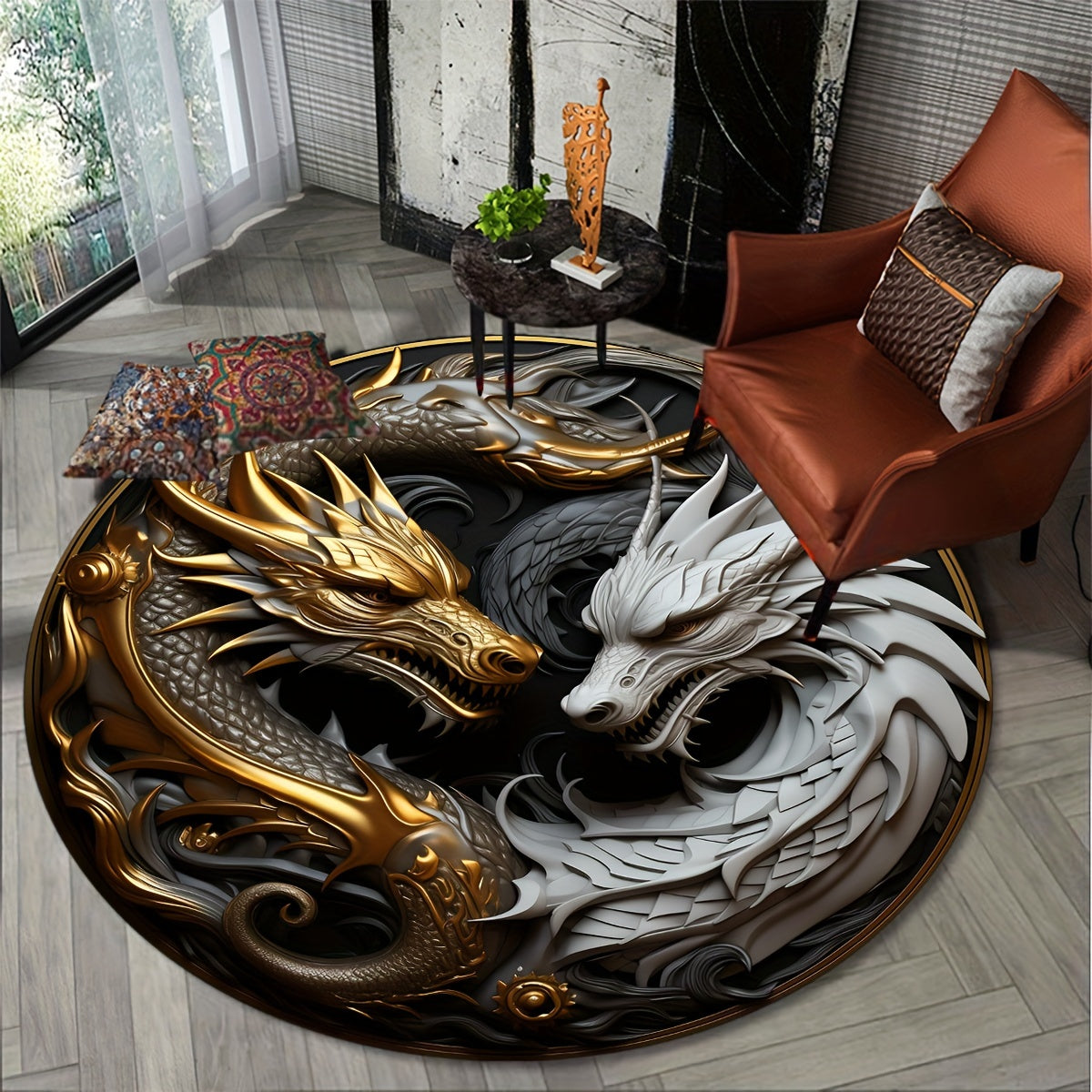 Round Dragon Pattern Anti-Slip Rug for Home and Office Decor