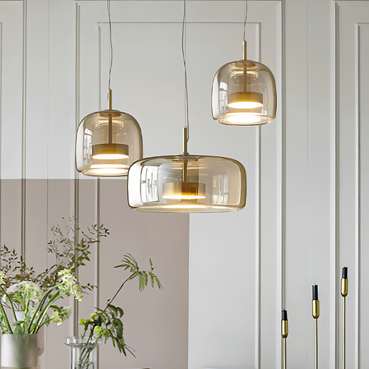 LED Pendant Light in Gold Metal and Glass for Bedroom and Home Decor