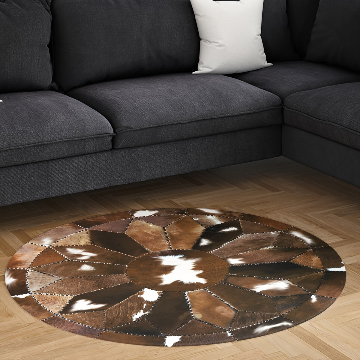 Anti-Slip Faux Leather Round Rug in Elegant Paisley Design for Home Decor