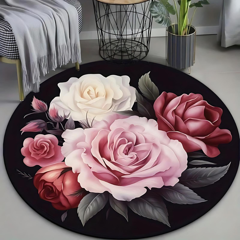 Floral Pattern Round Plush Area Rug for Cozy Home Decor and Comfort