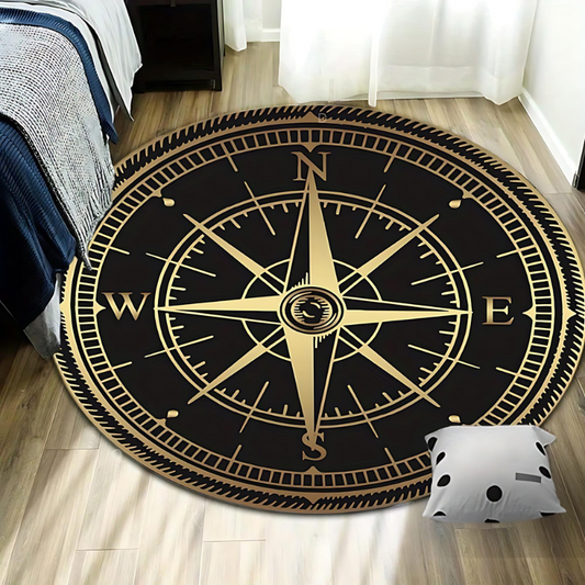 Non-slip Round Area Rug – Elegant Compass Design for Home Office Decor