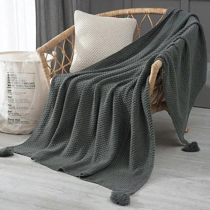 Cozy Cotton Knitted Blanket with Tassels for Home and Office Decor