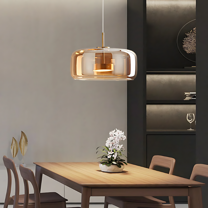 LED Pendant Light in Gold Metal and Glass for Bedroom and Home Decor