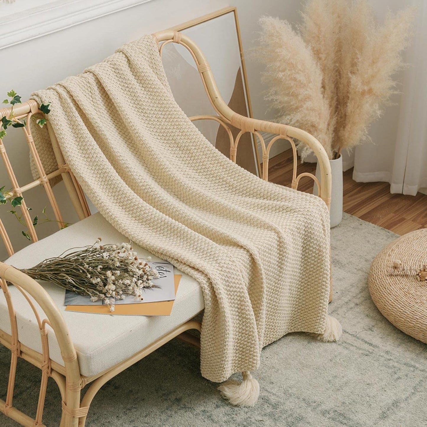 Cozy Cotton Knitted Blanket with Tassels for Home and Office Decor