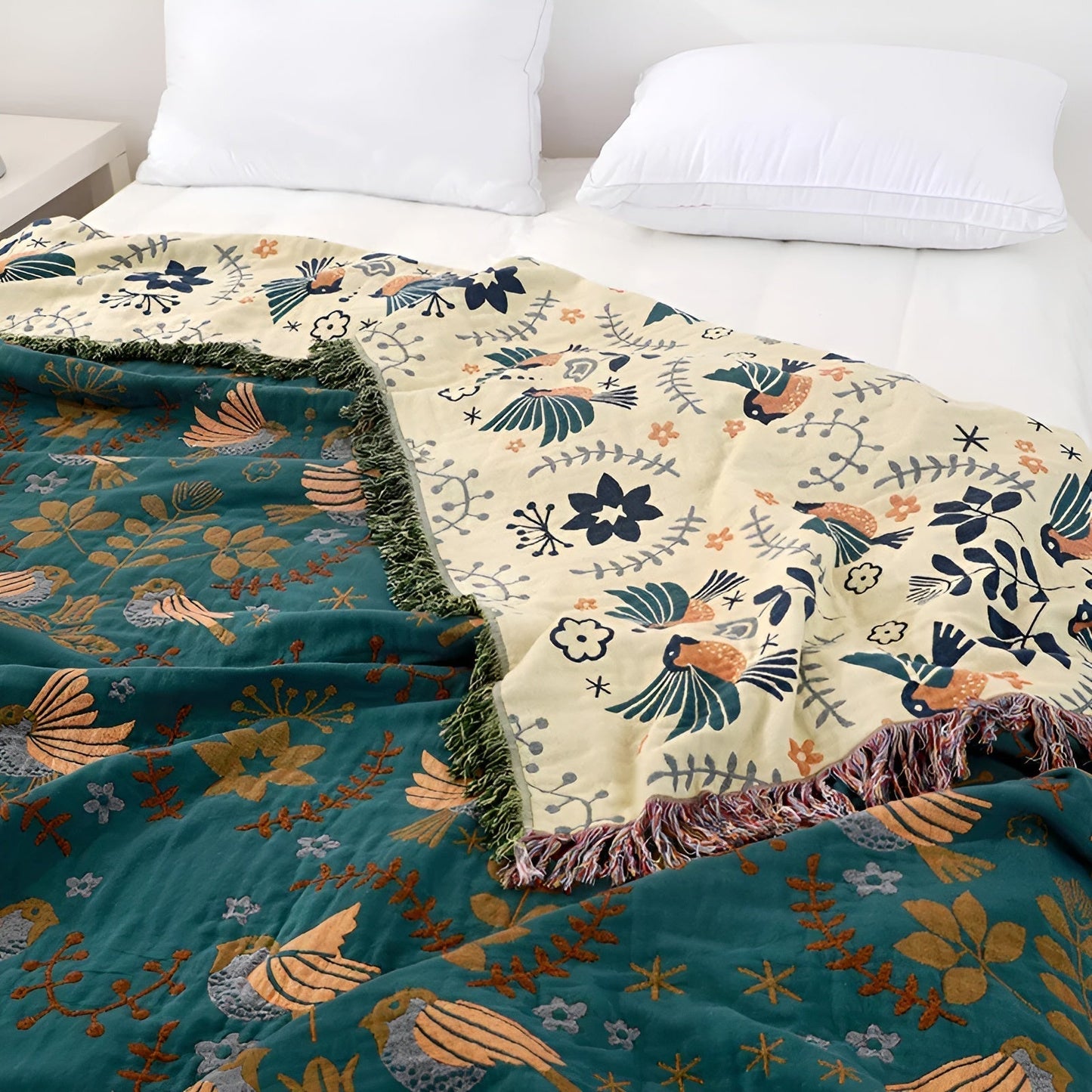 Reversible Cotton Blanket Boho Bird Flower Pattern for Home Decor