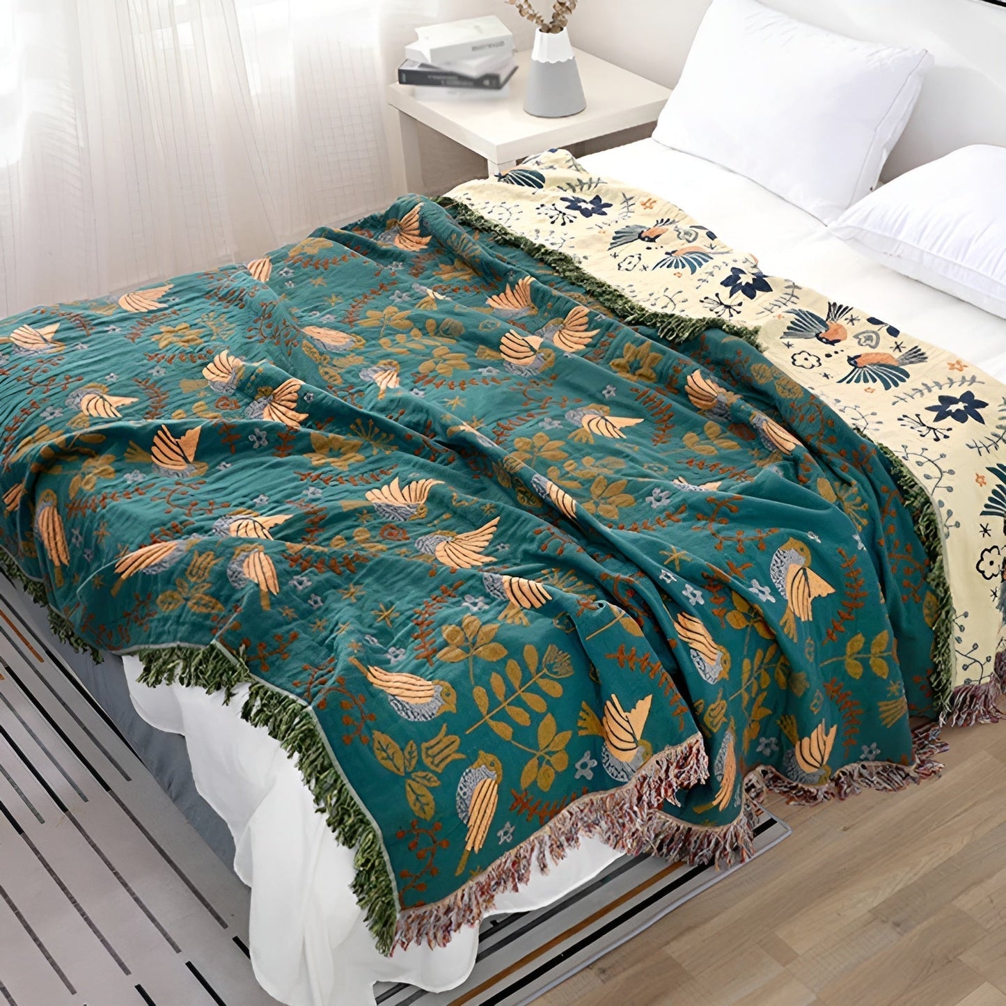 Reversible Cotton Blanket Boho Bird Flower Pattern for Home Decor