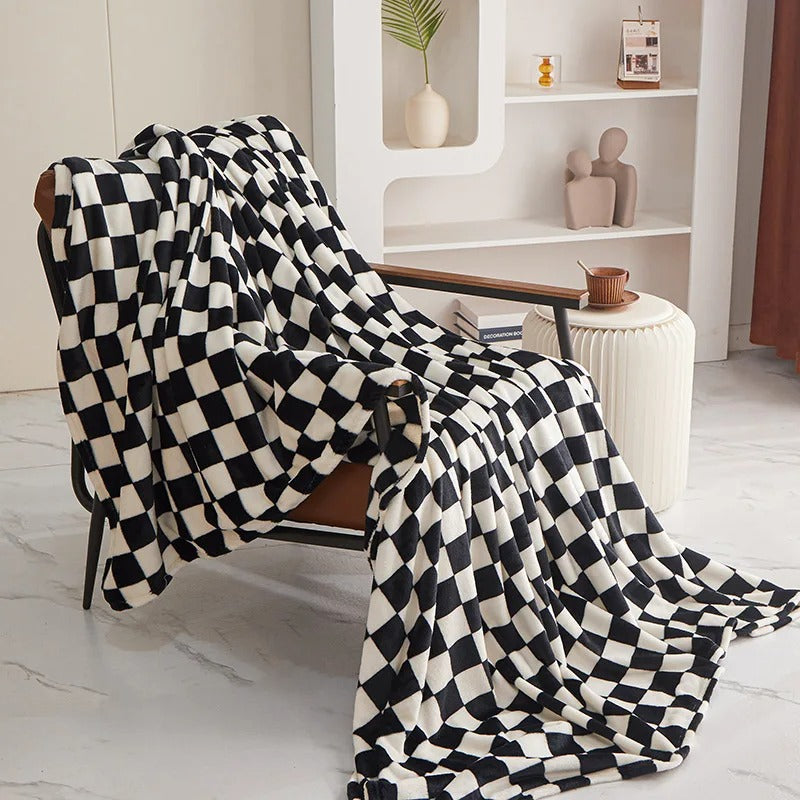 Checkered Coral Fleece Blanket for Cozy Home and Office Comfort